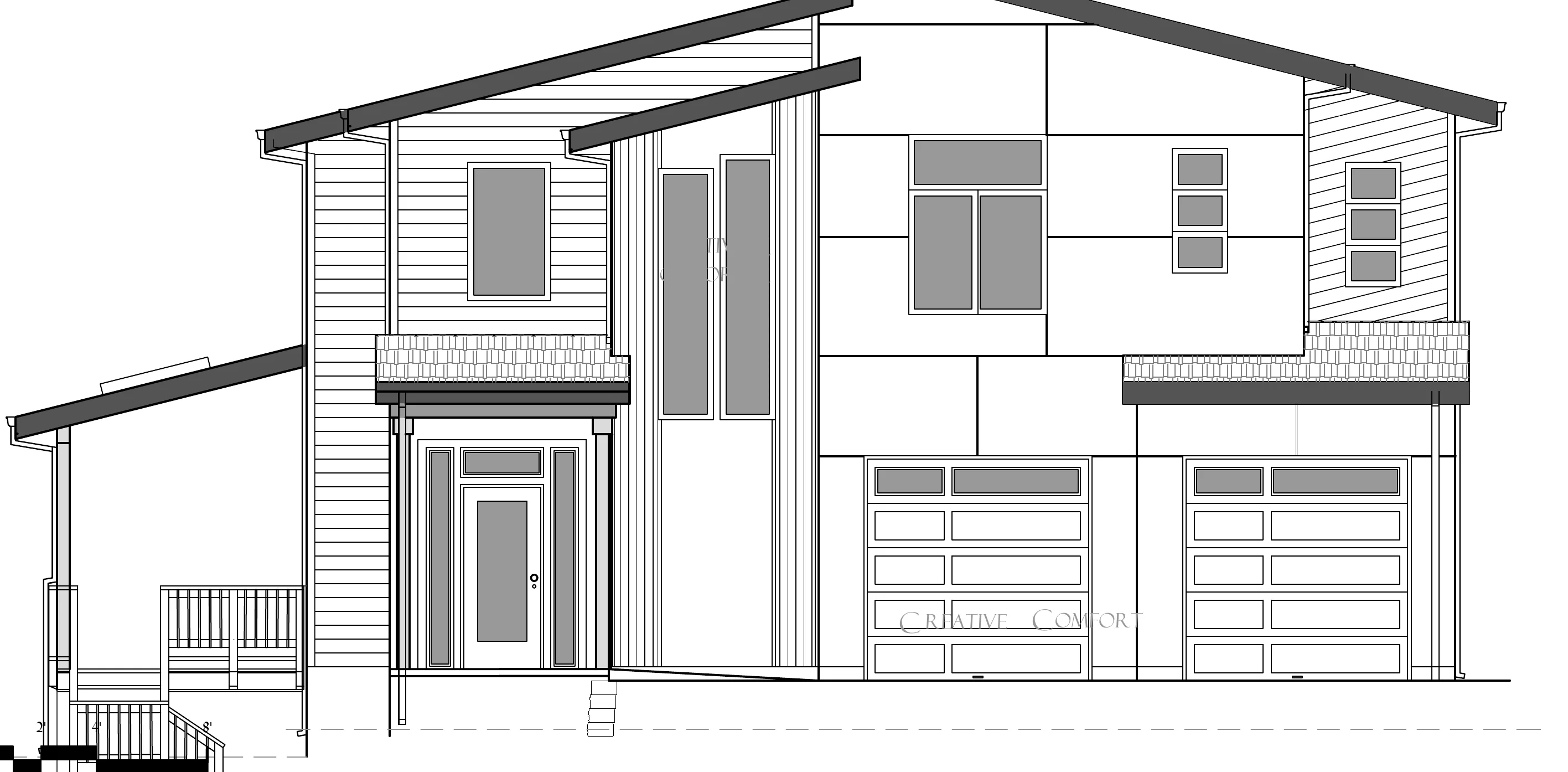 Architectural front elevation of the Rose B house: a two-storey modern home with shed roofs, exposed beams, a covered entry porch and two garage doors